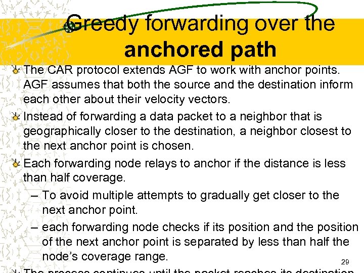 Greedy forwarding over the anchored path The CAR protocol extends AGF to work with