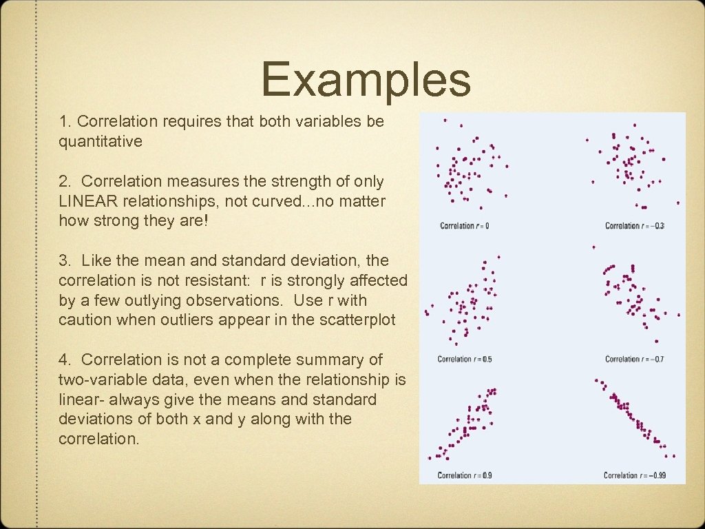 Examples 1. Correlation requires that both variables be quantitative 2. Correlation measures the strength