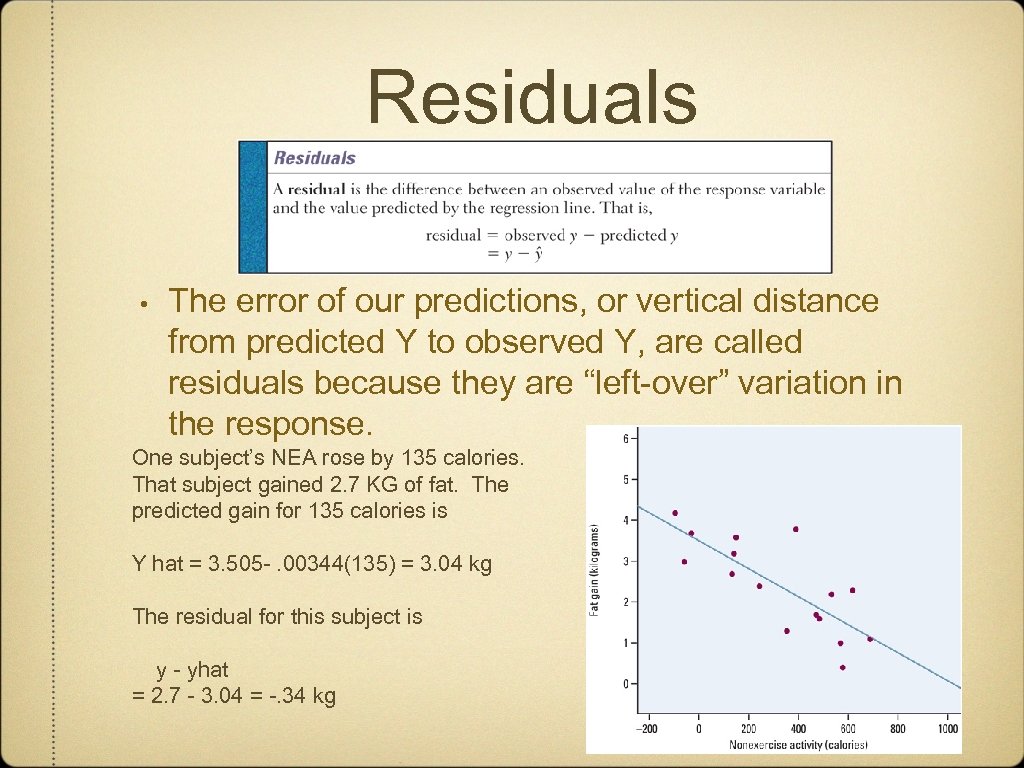 Residuals • The error of our predictions, or vertical distance from predicted Y to