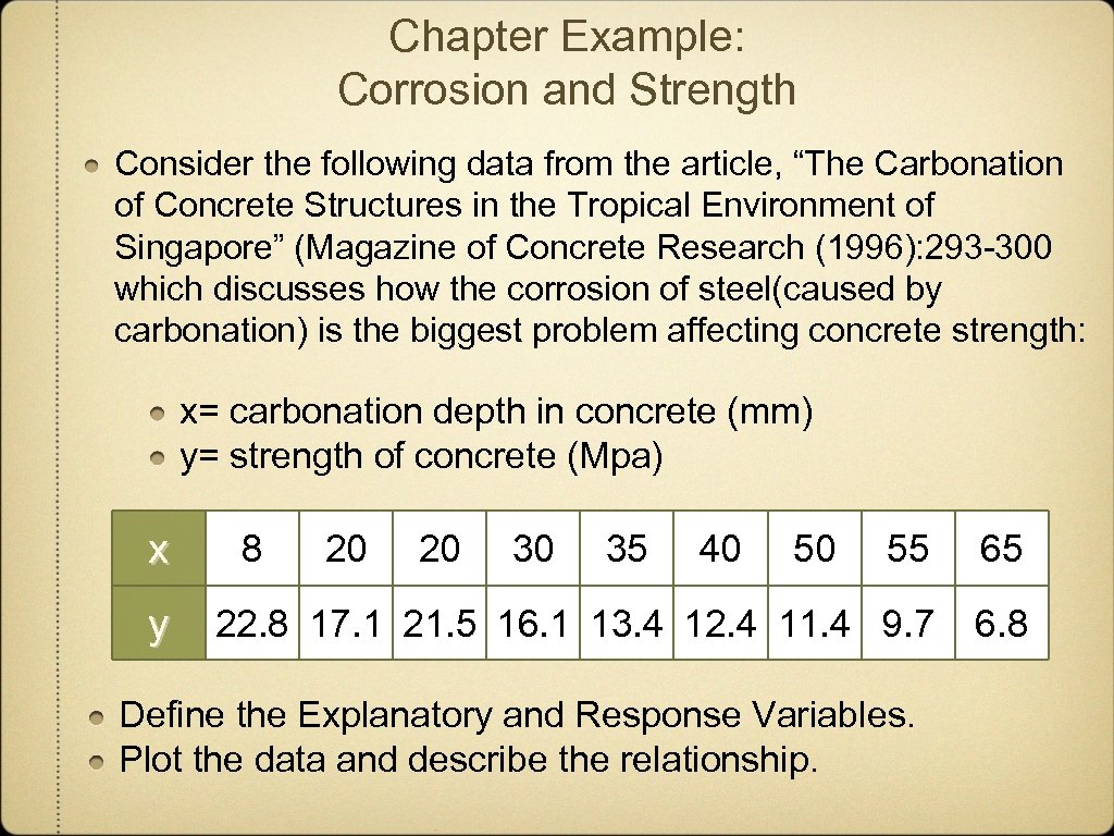 Chapter Example: Corrosion and Strength Consider the following data from the article, “The Carbonation