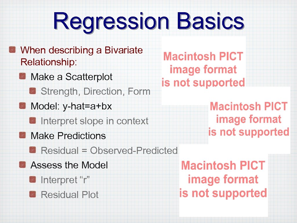 Regression Basics When describing a Bivariate Relationship: Make a Scatterplot Strength, Direction, Form Model: