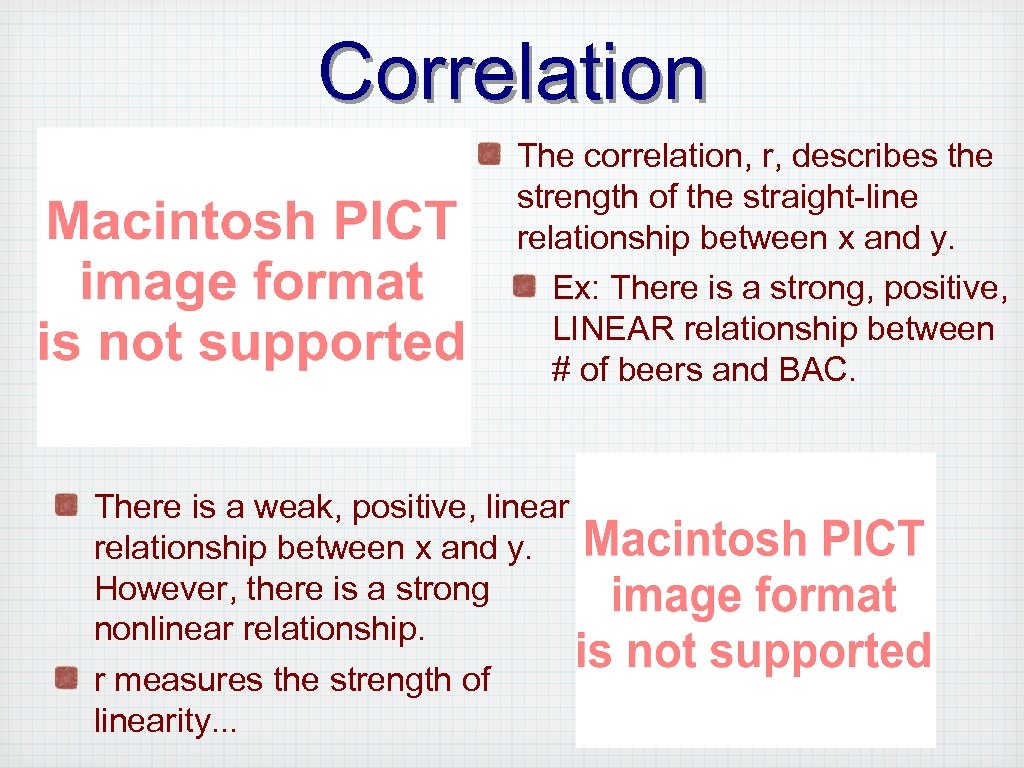 Correlation The correlation, r, describes the strength of the straight-line relationship between x and