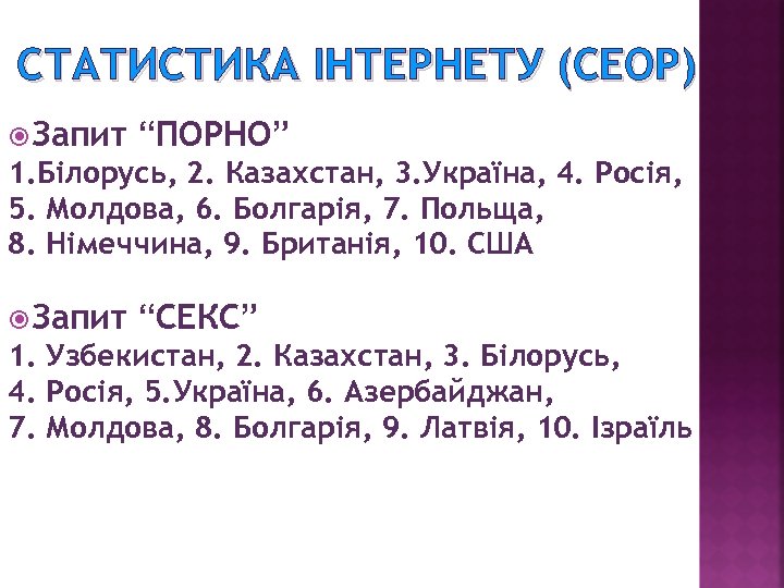 СТАТИСТИКА ІНТЕРНЕТУ (CEOP) Запит “ПОРНО” 1. Білорусь, 2. Казахстан, 3. Україна, 4. Росія, 5.