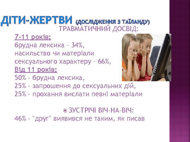 ДІТИ-ЖЕРТВИ (ДОСЛІДЖЕННЯ З ТАЇЛАНДУ) ТРАВМАТИЧНИЙ ДОСВІД: 7 -11 років: брудна лексика – 34%, насильство