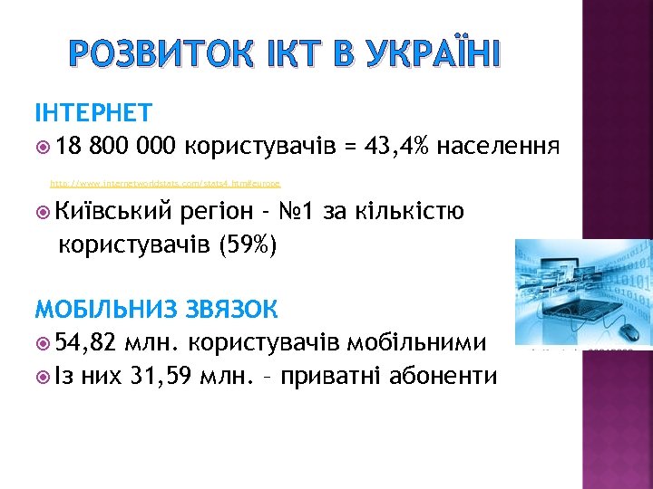 РОЗВИТОК ІКТ В УКРАЇНІ ІНТЕРНЕТ 18 800 000 користувачів = 43, 4% населення http: