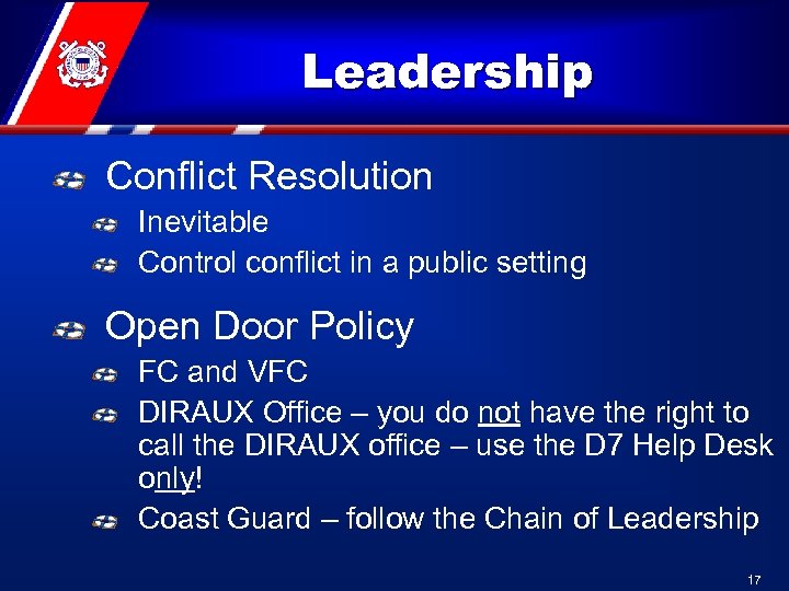 Leadership Conflict Resolution Inevitable Control conflict in a public setting Open Door Policy FC