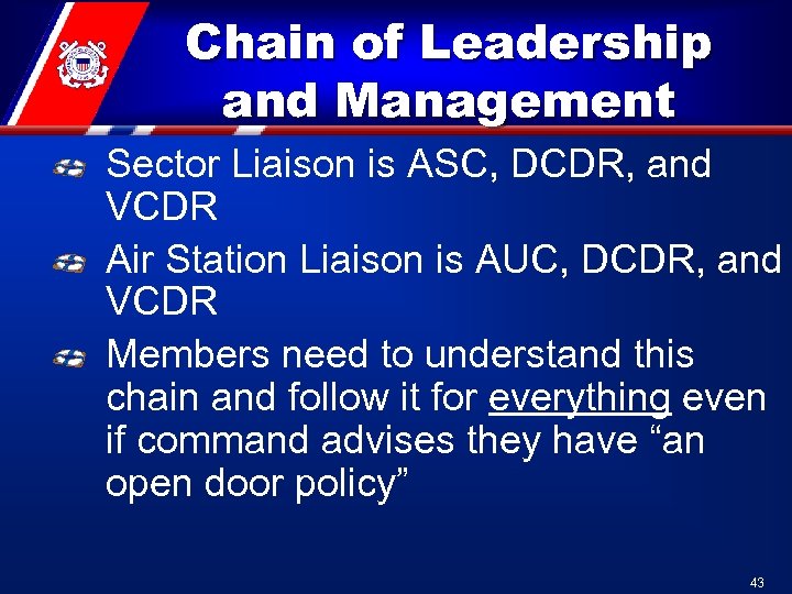 Chain of Leadership and Management Sector Liaison is ASC, DCDR, and VCDR Air Station