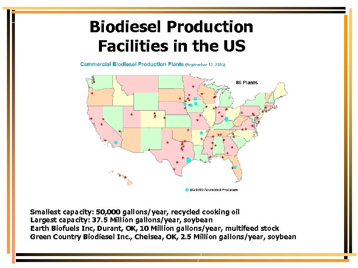 Biodiesel Production Facilities in the US Smallest capacity: 50, 000 gallons/year, recycled cooking oil