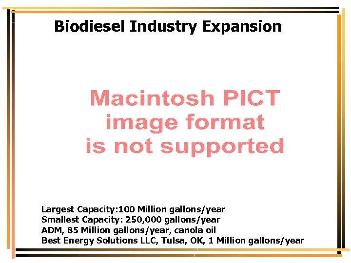 Biodiesel Industry Expansion Largest Capacity: 100 Million gallons/year Smallest Capacity: 250, 000 gallons/year ADM,