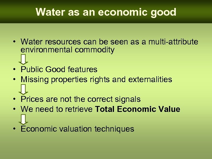 Water as an economic good • Water resources can be seen as a multi-attribute