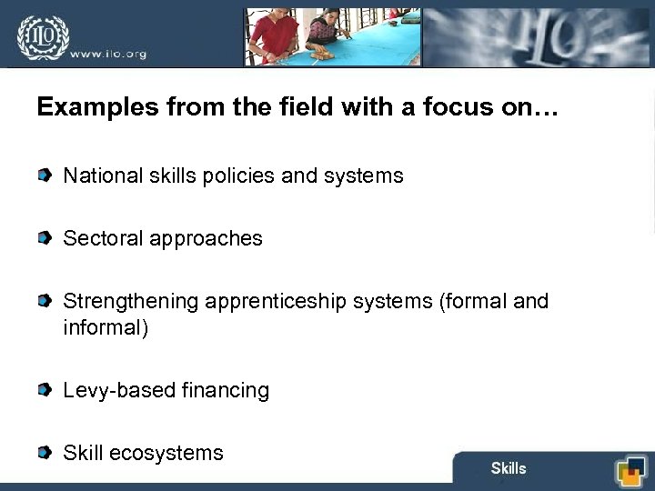 Examples from the field with a focus on… National skills policies and systems Sectoral