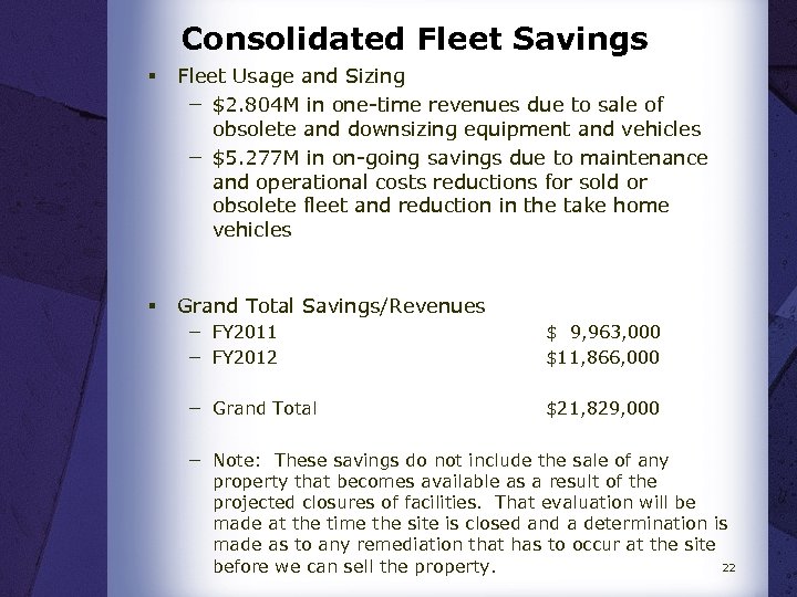 Consolidated Fleet Savings § Fleet Usage and Sizing − $2. 804 M in one-time