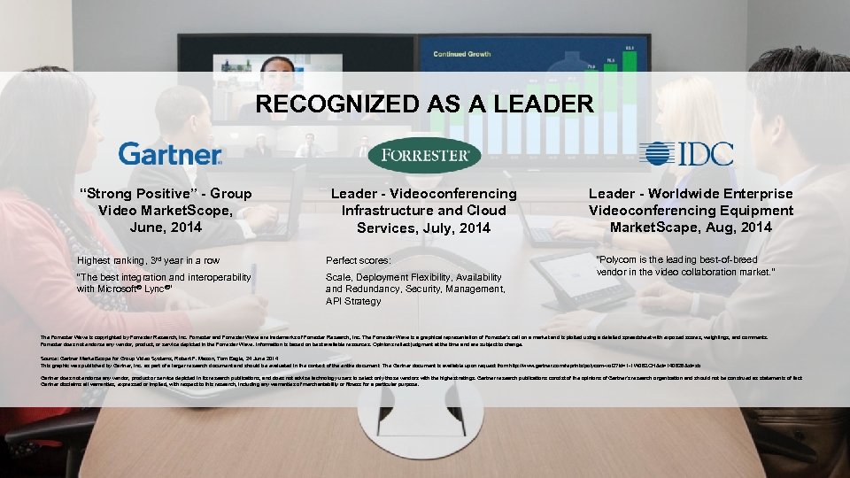 RECOGNIZED AS A LEADER “Strong Positive” - Group Video Market. Scope, June, 2014 Leader