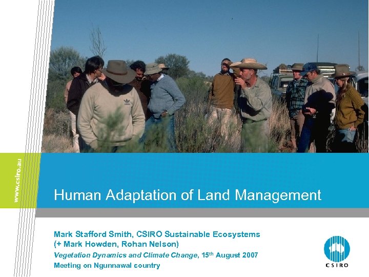 Human Adaptation of Land Management Mark Stafford Smith, CSIRO Sustainable Ecosystems (+ Mark Howden,