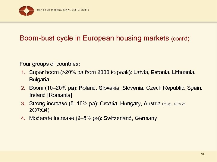 Boom-bust cycle in European housing markets (cont’d) Four groups of countries: 1. Super boom
