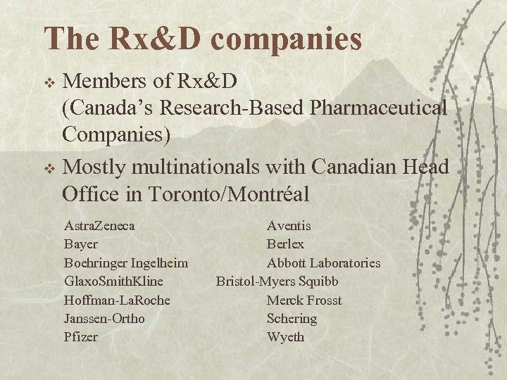 The Rx&D companies Members of Rx&D (Canada’s Research-Based Pharmaceutical Companies) v Mostly multinationals with