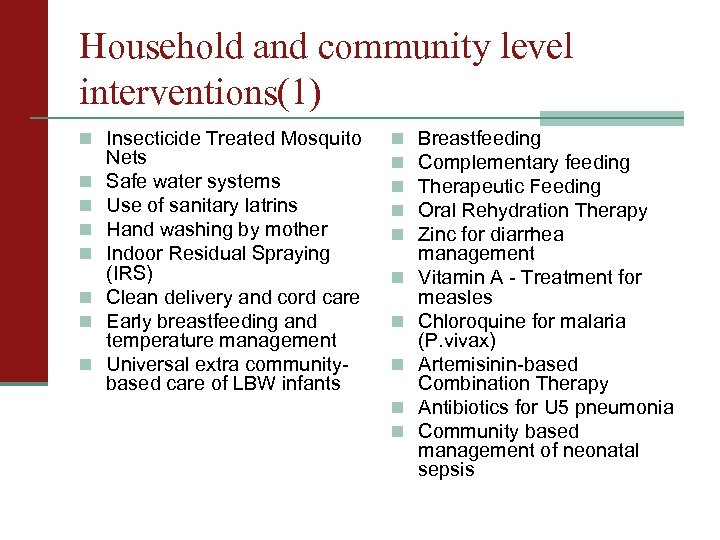 Household and community level interventions(1) n Insecticide Treated Mosquito n n n n Nets