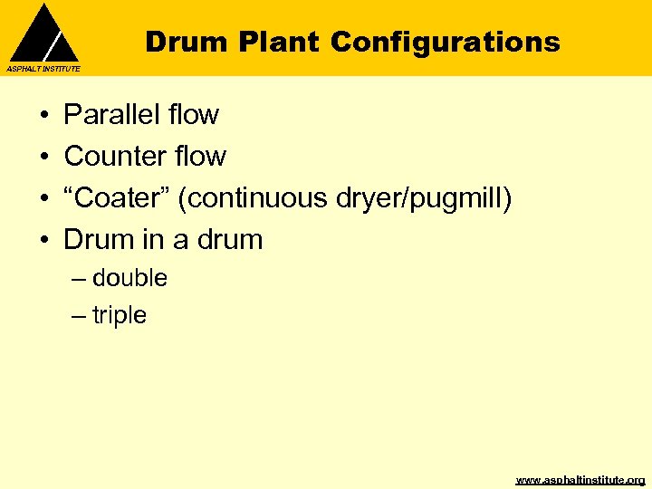 Drum Plant Configurations ASPHALT INSTITUTE • • Parallel flow Counter flow “Coater” (continuous dryer/pugmill)