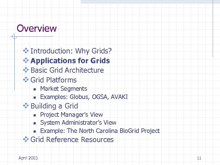 Overview v Introduction: Why Grids? v Applications for Grids v Basic Grid Architecture v