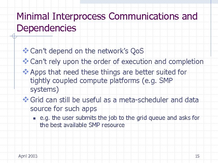 Minimal Interprocess Communications and Dependencies v Can’t depend on the network’s Qo. S v