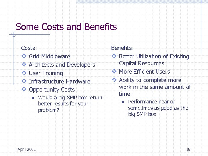 Some Costs and Benefits Costs: v Grid Middleware v Architects and Developers v User