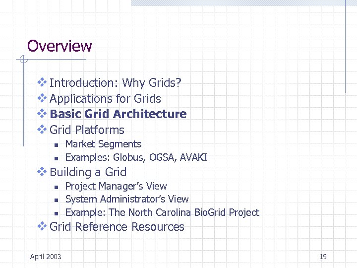 Overview v Introduction: Why Grids? v Applications for Grids v Basic Grid Architecture v