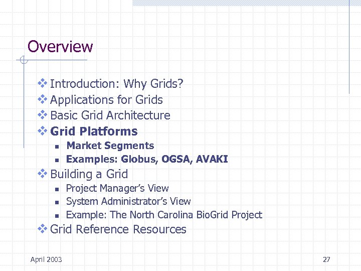 Overview v Introduction: Why Grids? v Applications for Grids v Basic Grid Architecture v