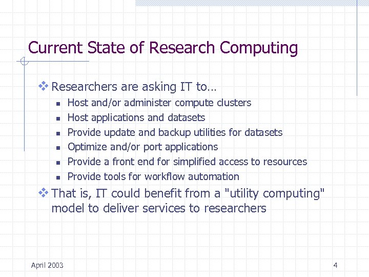 Current State of Research Computing v Researchers are asking IT to… n n n
