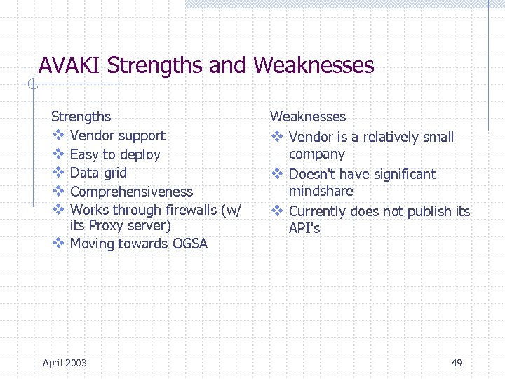 AVAKI Strengths and Weaknesses Strengths v Vendor support v Easy to deploy v Data