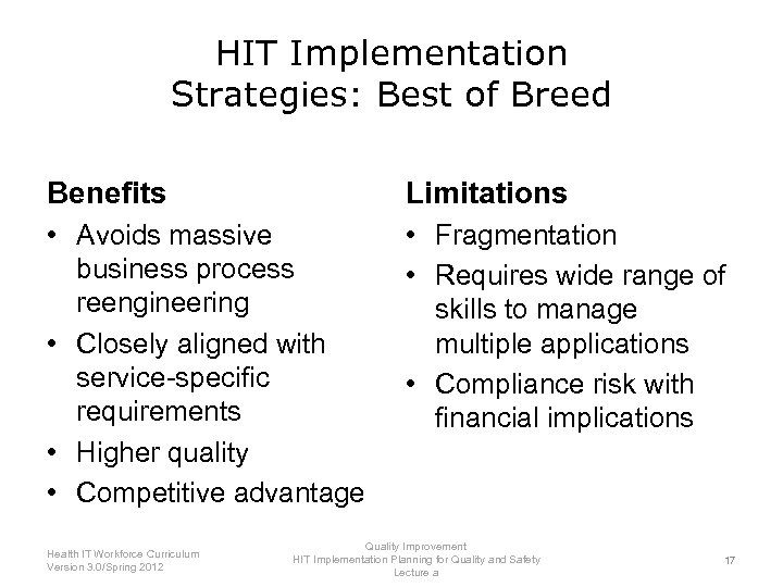 HIT Implementation Strategies: Best of Breed Benefits Limitations • Avoids massive business process reengineering