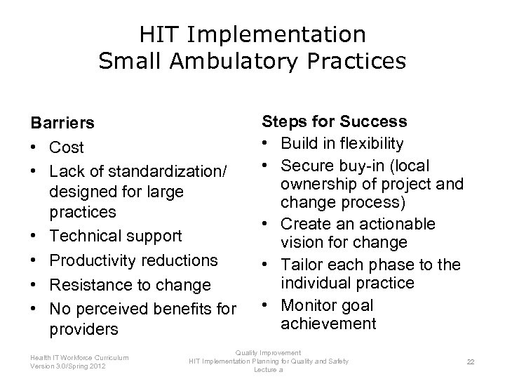 HIT Implementation Small Ambulatory Practices Barriers • Cost • Lack of standardization/ designed for