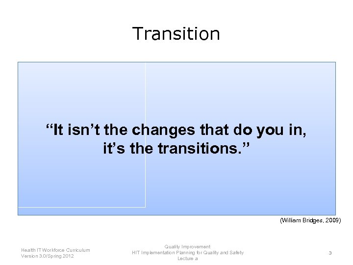 Transition “It isn’t the changes that do you in, it’s the transitions. ” (William