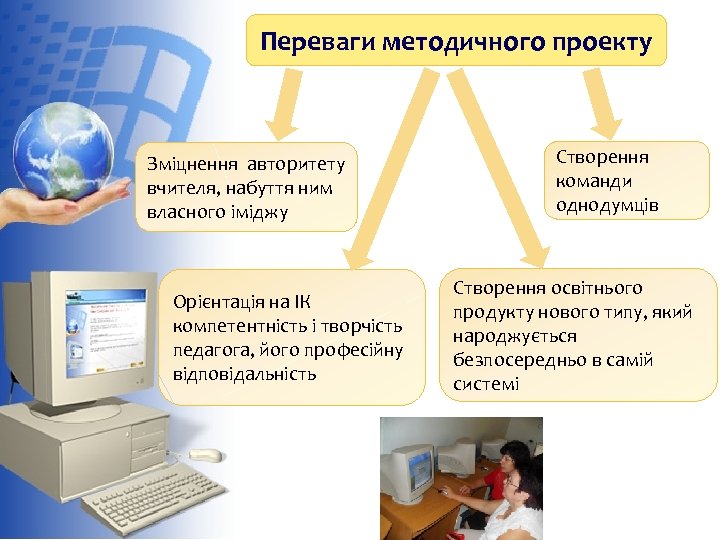 Переваги методичного проекту Зміцнення авторитету вчителя, набуття ним власного іміджу Орієнтація на ІК компетентність