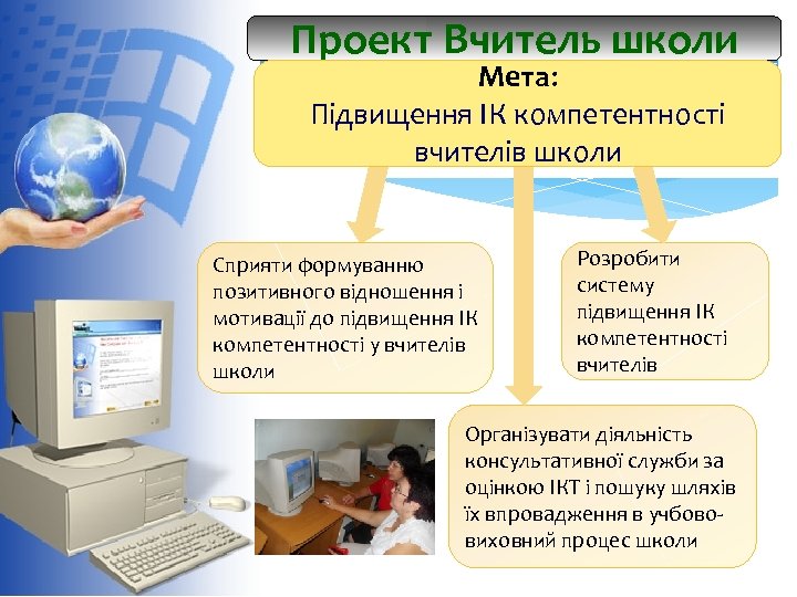 Проект Вчитель школи Мета: Підвищення ІК компетентності вчителів школи Сприяти формуванню позитивного відношення і