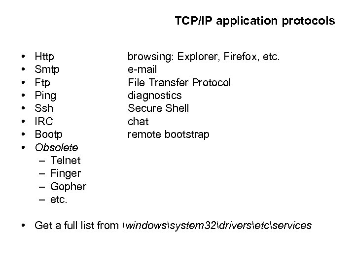 TCP/IP application protocols • • Http Smtp Ftp Ping Ssh IRC Bootp Obsolete –