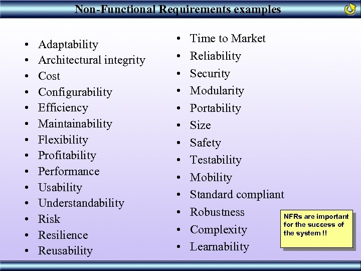 Non-Functional Requirements examples • • • • Adaptability Architectural integrity Cost Configurability Efficiency Maintainability