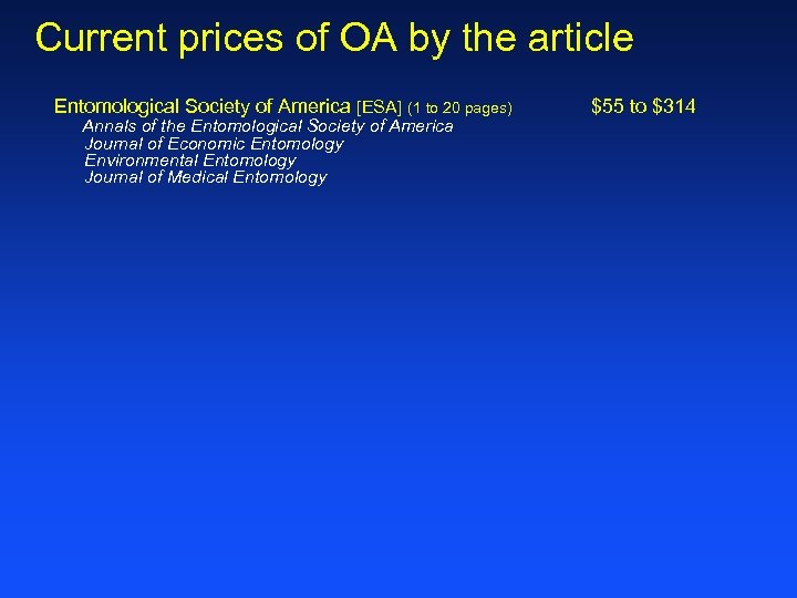 Current prices of OA by the article Entomological Society of America [ESA] (1 to