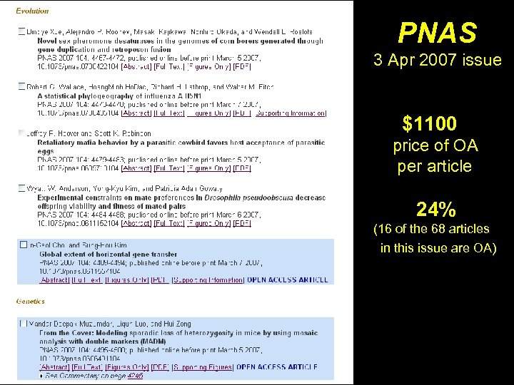 PNAS 3 Apr 2007 issue $1100 price of OA per article 24% (16 of