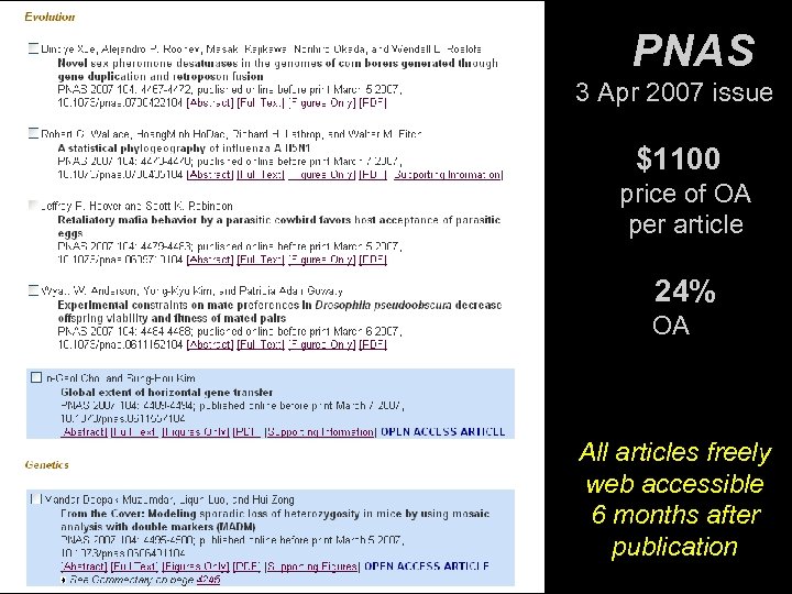 PNAS 3 Apr 2007 issue $1100 price of OA per article 24% OA All