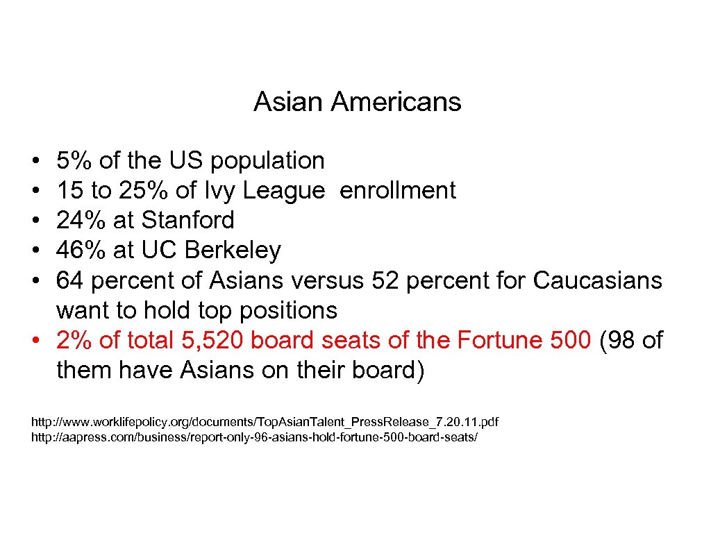 Asian Americans • • • 5% of the US population 15 to 25% of