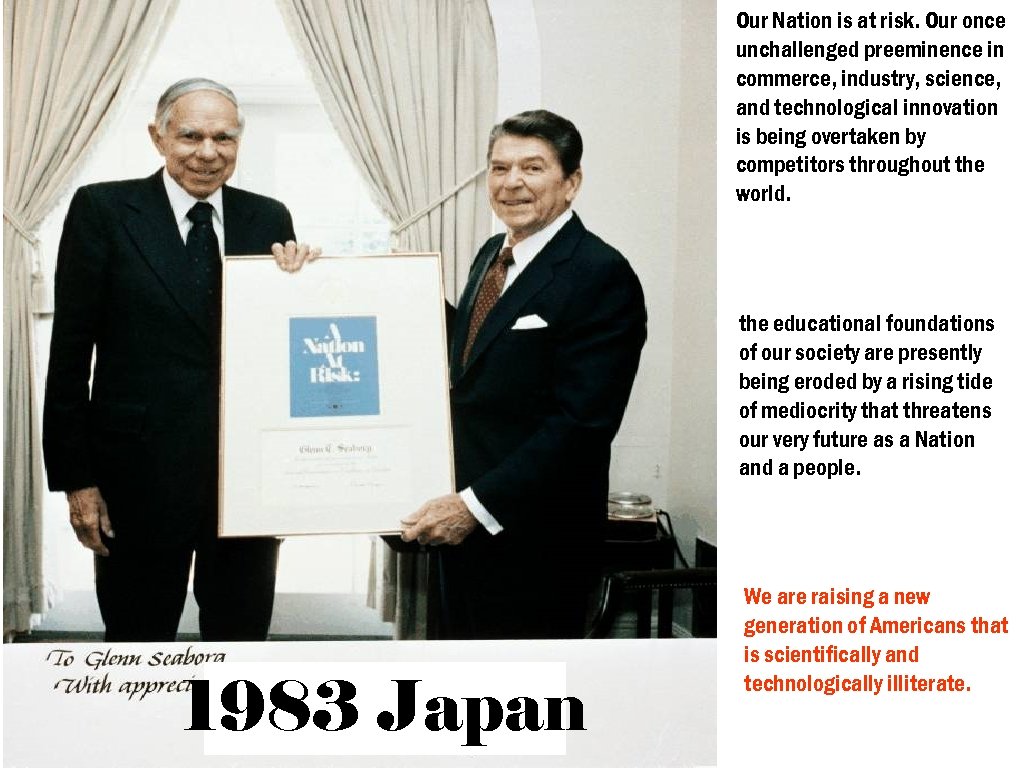 Our Nation is at risk. Our once unchallenged preeminence in commerce, industry, science, and