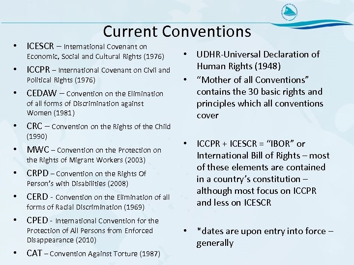Current Conventions • ICESCR – International Covenant on Economic, Social and Cultural Rights (1976)