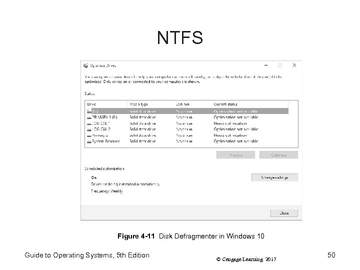 NTFS Figure 4 -11 Disk Defragmenter in Windows 10 Guide to Operating Systems, 5