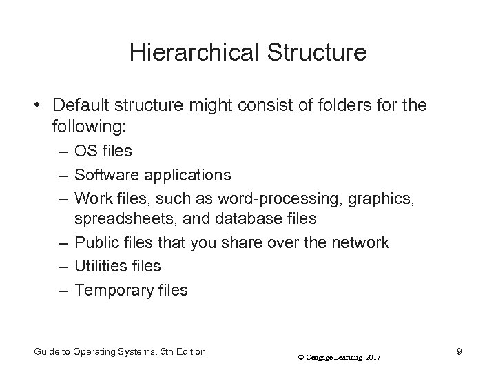 Hierarchical Structure • Default structure might consist of folders for the following: – OS