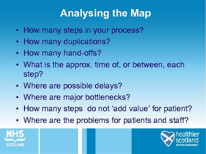 Analysing the Map • • How many steps in your process? How many duplications?