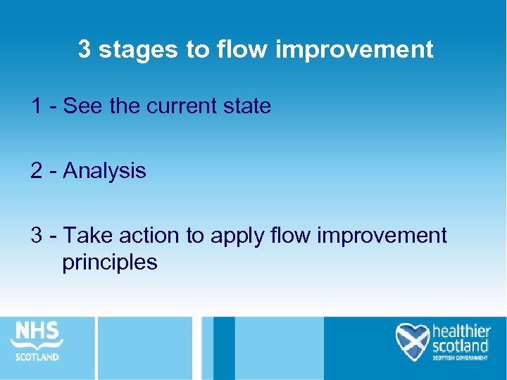 3 stages to flow improvement 1 - See the current state 2 - Analysis