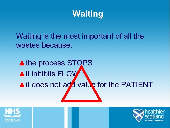 Waiting is the most important of all the wastes because: ▲the process STOPS ▲it