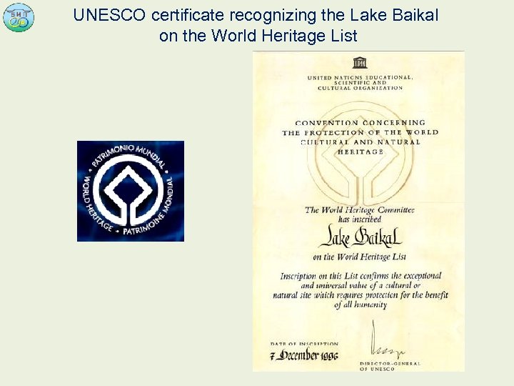 UNESCO certificate recognizing the Lake Baikal on the World Heritage List 