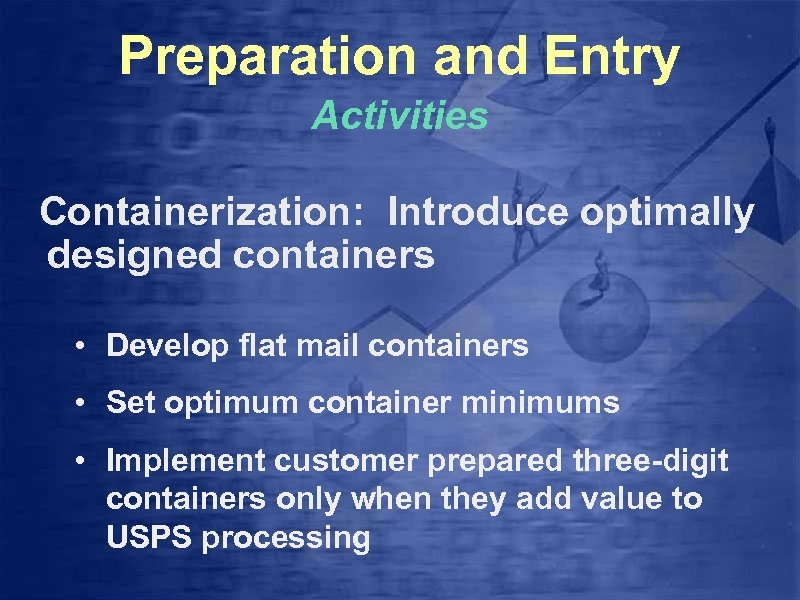 Preparation and Entry Activities Containerization: Introduce optimally designed containers • Develop flat mail containers