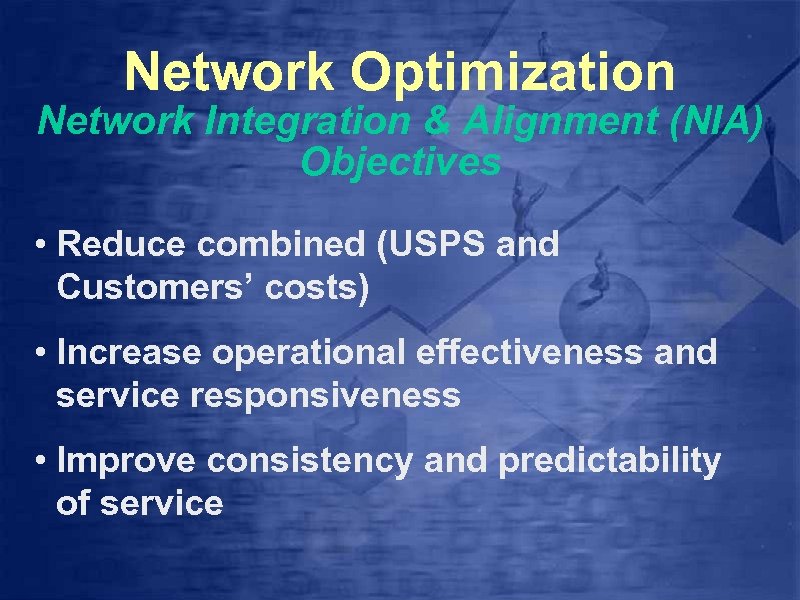 Network Optimization Network Integration & Alignment (NIA) Objectives • Reduce combined (USPS and Customers’